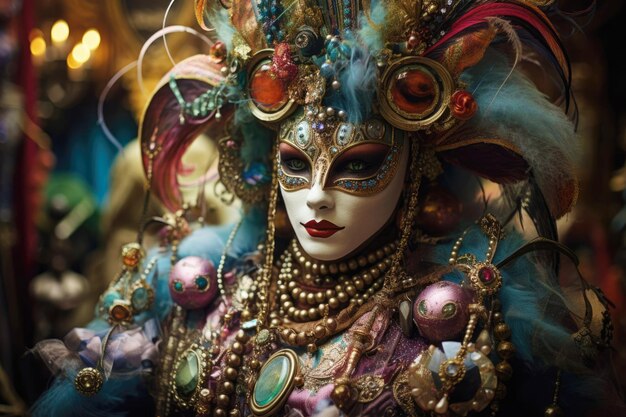 Foto una mujer con máscara y plumas en el carnaval