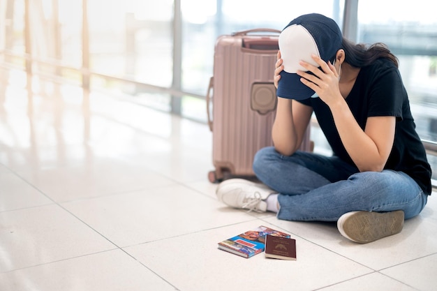 Foto mujer con máscara quirúrgica se siente deprimida por perder el vuelo para abordar en el aeropuerto