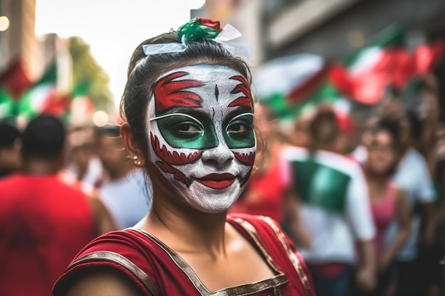 Una mujer con una máscara roja y blanca y la palabra "go" en ella.