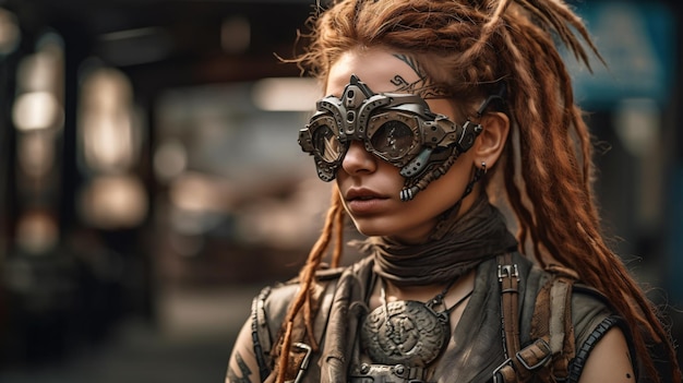 Una mujer con una máscara steampunk y una máscara.