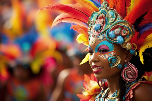 Una mujer con una máscara y un tocado de colores