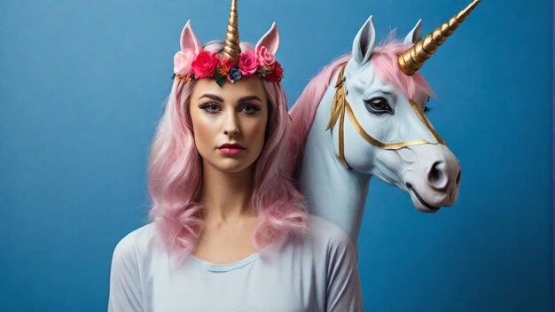 Foto mujer con una máscara de unicornio en un fondo azul