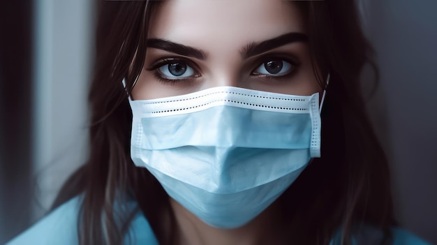 Una mujer con mascarilla y camiseta azul