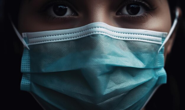 Una mujer con mascarilla y mascarilla azul.