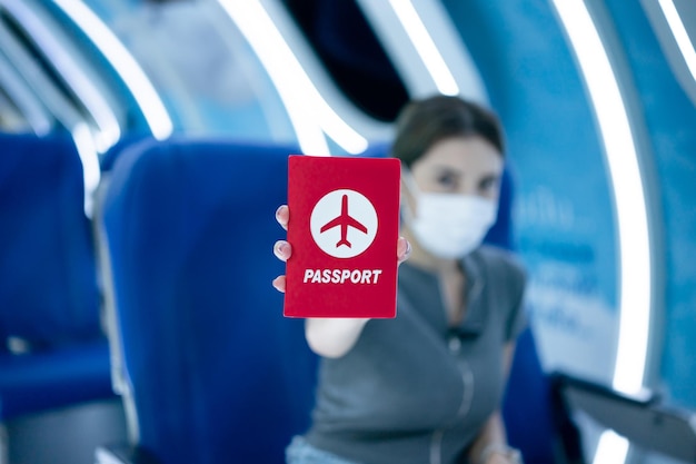 Foto mujer con mascarilla protectora sentada dentro del avión y mostrando pasaporte