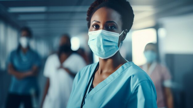 Mujer con mascarilla quirúrgica en el hospital para proteger el Día Mundial de la Salud