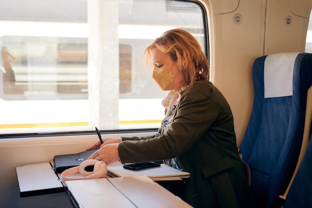 Mujer con mascarilla trabaja a distancia desde un tren