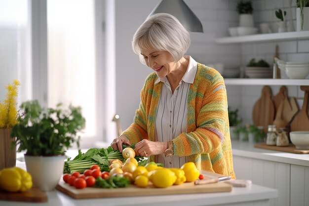 una mujer mayor de 60 años de edad en una blusa y un cardigan amarillo prepara verduras en la cocina