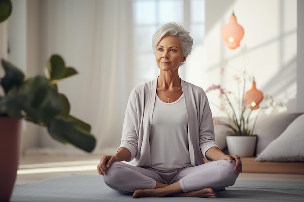 una mujer mayor de 60 años se sienta en la posición de loto en una alfombra de yoga en leggings ajustados en casa