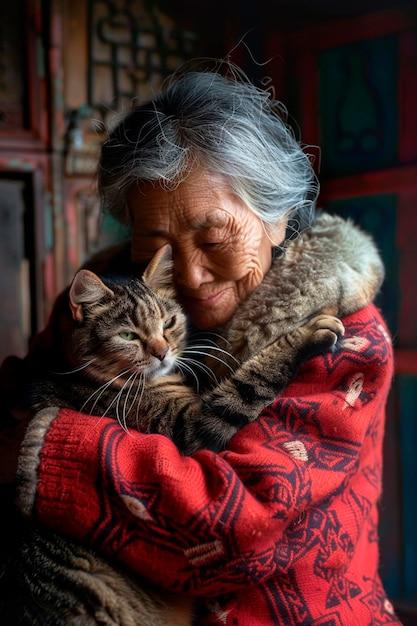 una mujer mayor abraza a un gato enfoque selectivo