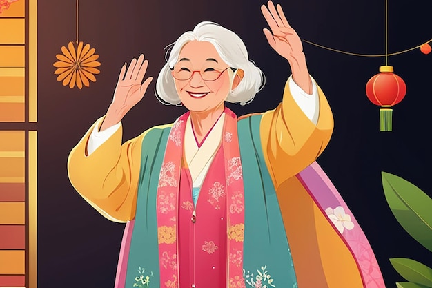 Foto mujer mayor con abrigo happi para festivales de verano haciendo un saludo ilustración vectorial