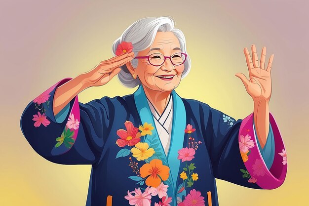 Foto mujer mayor con abrigo happi para festivales de verano haciendo un saludo ilustración vectorial