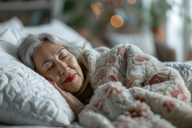 Mujer mayor acostada en la cama bajo una manta