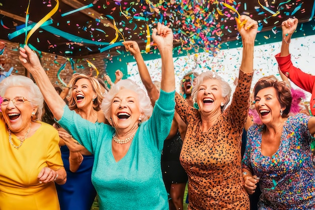 Mujer mayor alegre divirtiéndose con la música con los amigos cumpleaños de la abuela