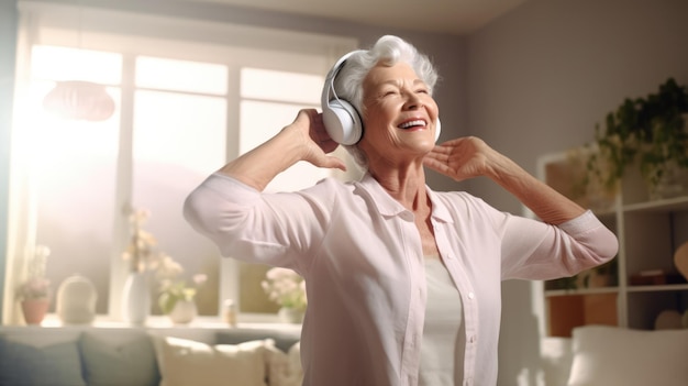 Foto mujer mayor alegre escuchando música en auriculares y bailando en casa