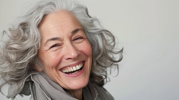 Mujer mayor alegre con una sonrisa animada y cabello gris. La escena es AI generativa.