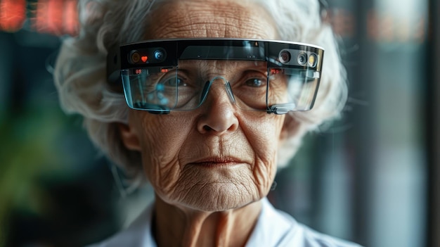 Una mujer mayor con un auricular de realidad virtual