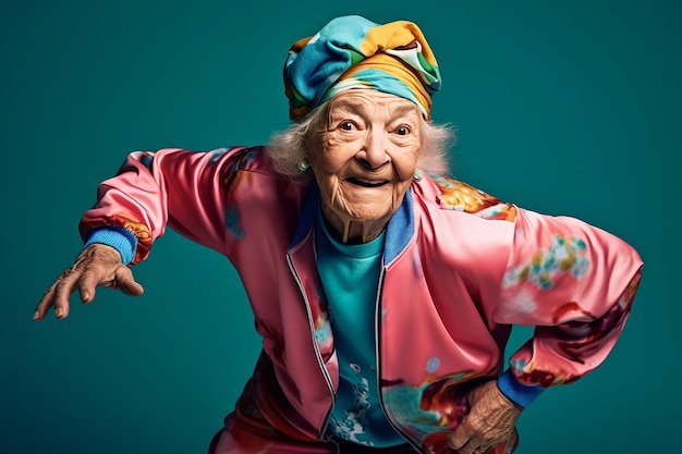 Mujer mayor bailando hiphop. La mujer lleva un chándal colorido con una banda para el sudor a juego.