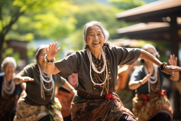 Una mujer mayor bailando en la tradición japonesa Generative Ai