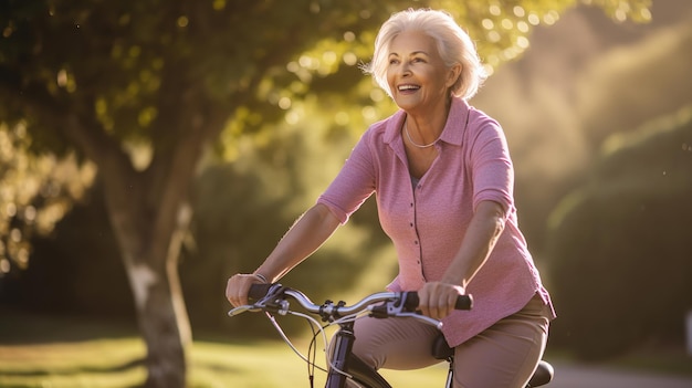 Una mujer mayor en bicicleta alegremente en un parque soleado