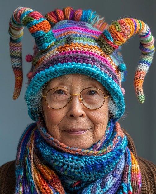 una mujer mayor con una bufanda con un sombrero de colores en él