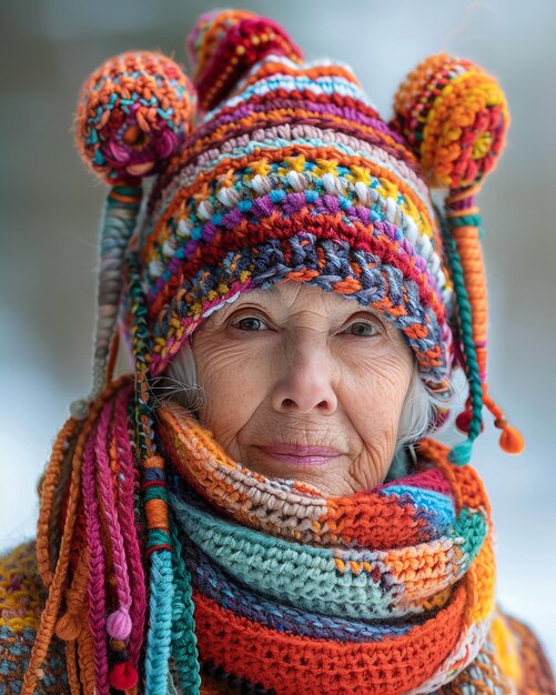 una mujer mayor con una bufanda con un sombrero de punto