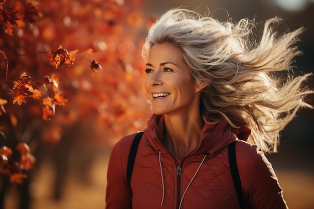 una mujer mayor con cabello blanco largo en un parque de otoño con el cabello revoloteando en el viento
