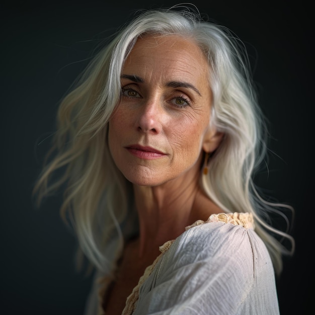 Una mujer mayor con cabello blanco posando para un retrato.