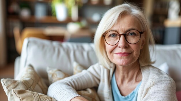 Una mujer mayor con el cabello blanco sonriendo con confianza en el sofá