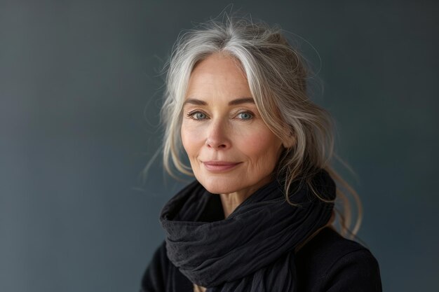 Una mujer mayor con cabello gris y con una bufanda.