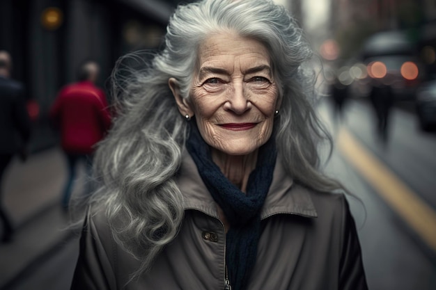 Una mujer mayor con cabello gris y una chaqueta gris.