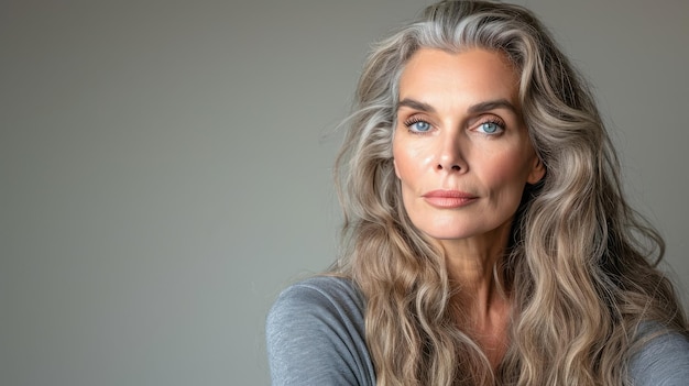 Una mujer mayor con cabello gris y ojos azules.