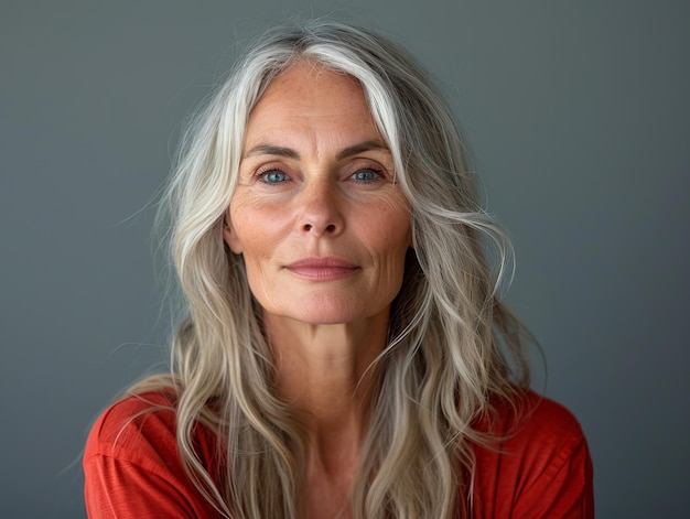 Una mujer mayor con cabello gris y ojos azules.