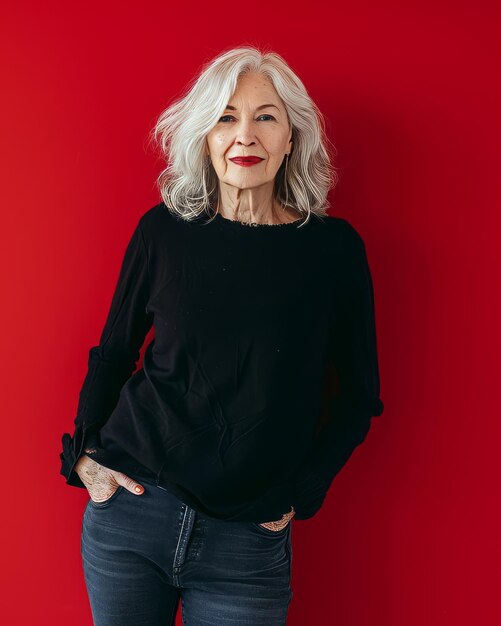 Foto una mujer mayor con cabello gris parada contra una pared roja