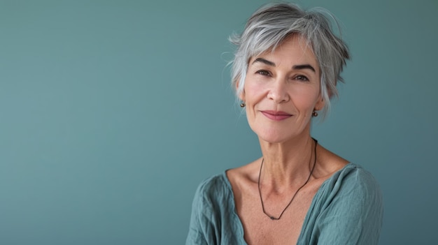 Una mujer mayor con cabello gris posando para la cámara.