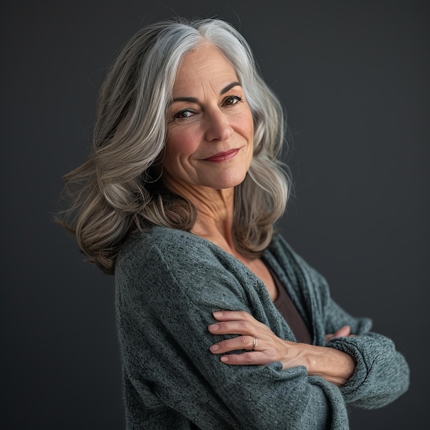 Una mujer mayor con cabello gris posando para la cámara.