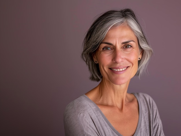 Una mujer mayor con cabello gris sonriendo a la cámara