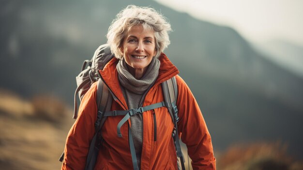 Una mujer mayor caminando por las montañas.