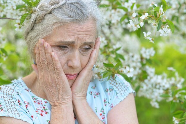 mujer mayor, cerca, árbol floreciente