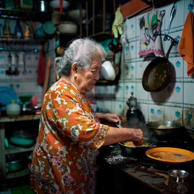 Una mujer mayor cocinando en su humilde hogar.