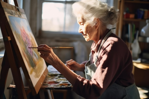 Foto mujer mayor concentrada con canas pintando sobre lienzo con pincel en estudio de arte