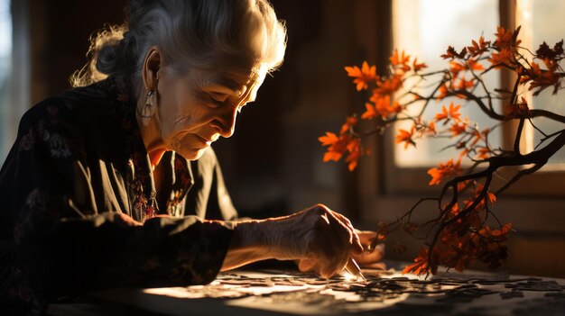 Foto mujer mayor disfrutando de la jardinería cuidando de sus flores y cortando nuevos brotes