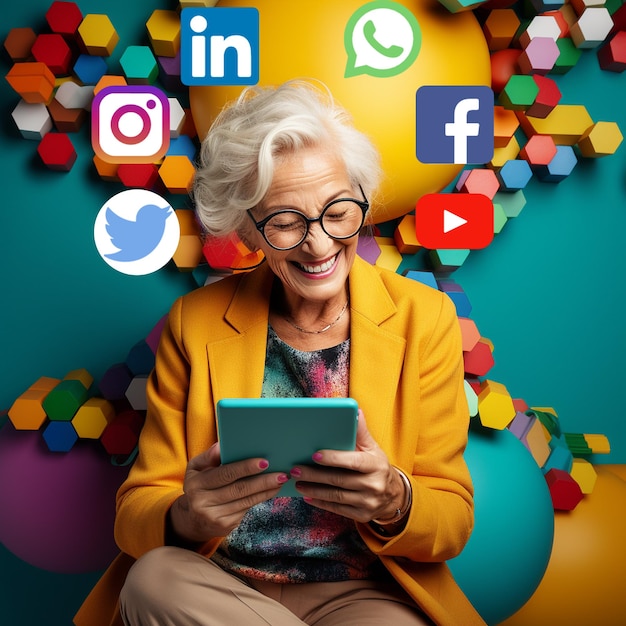 Mujer mayor disfrutando de las redes sociales navegando en tableta