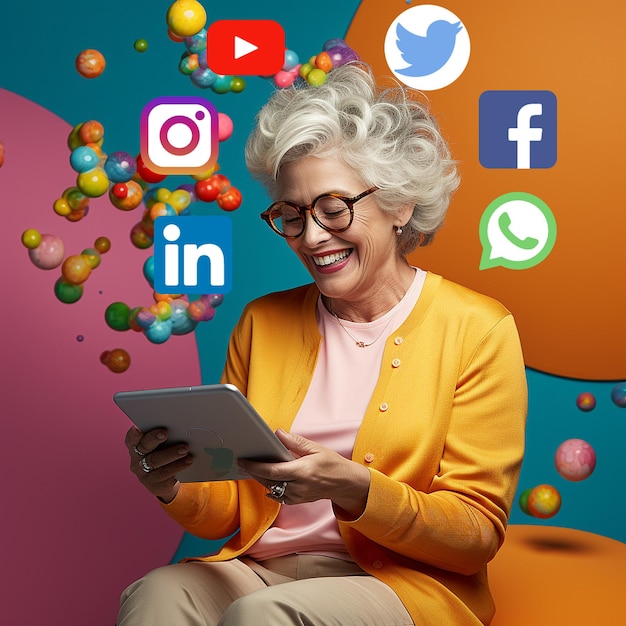 Mujer mayor disfrutando de las redes sociales navegando en tableta