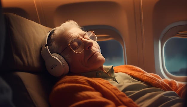 Una mujer mayor duerme en un avión.