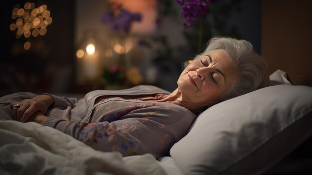 Foto la mujer mayor duerme en una cama en casa.