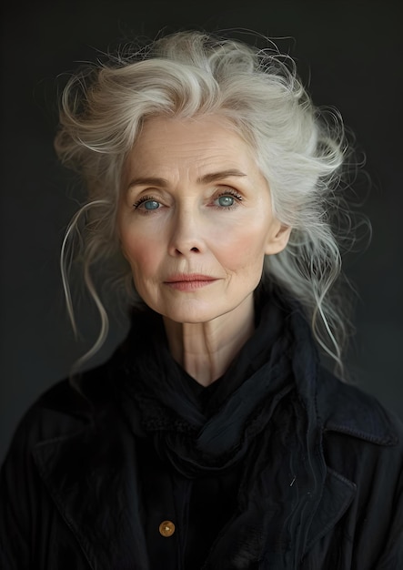 Una mujer mayor elegante con cabello gris gracioso posa para un retrato de belleza atemporal capturada en una serenidad