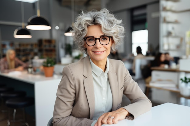 Mujer mayor elegante con cabello gris intentando gafas de moda en una tienda de óptica popular