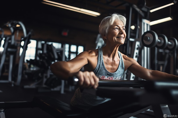 mujer mayor entrenando en un gimnasio