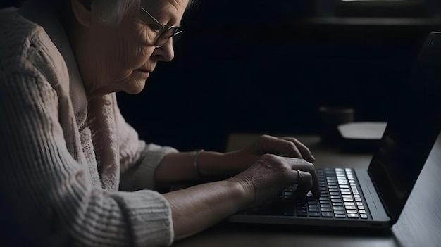 Una mujer mayor escribiendo en una computadora portátil